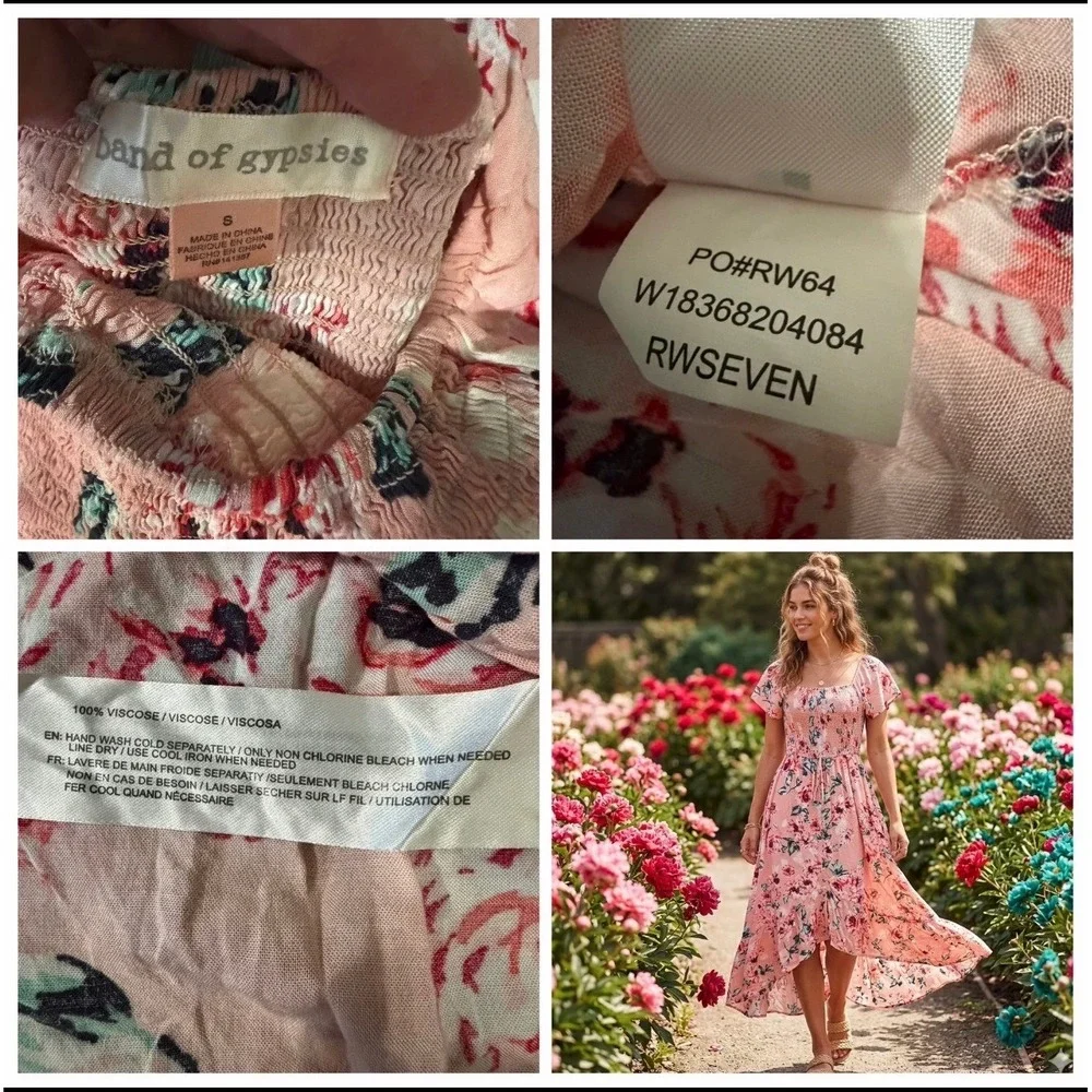 Band of Gypsies Floral Smocked High Low Maxi Dress Pink Small Boho Summer Garden - Picture 8 of 16